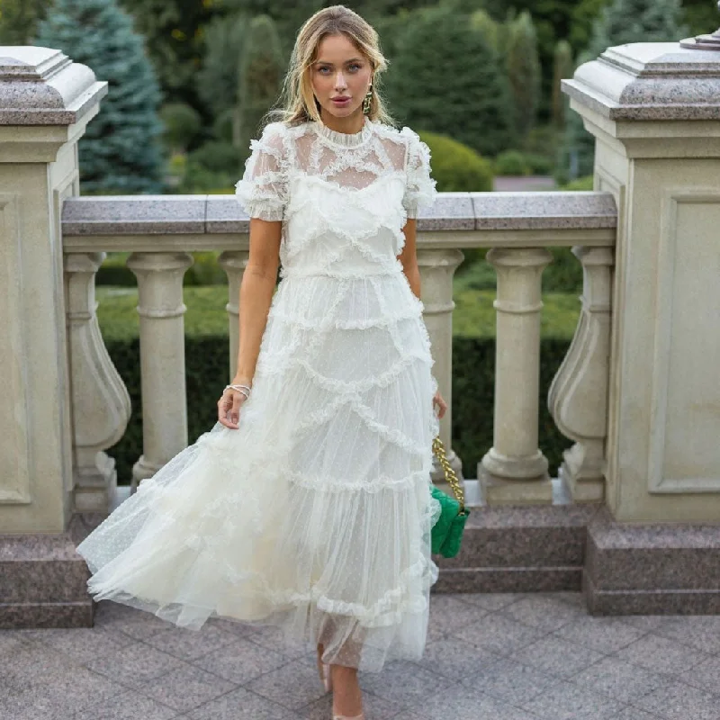 Weekend Shopping Fever French Style Frill Neck Short Sleeve A Line Dotted Ruffle Tulle Tiered Maxi Dress Weekend Shopping Fever French Style Frill Neck Short Sleeve A Line Dotted Ruffle Tulle Tiered Maxi Dress