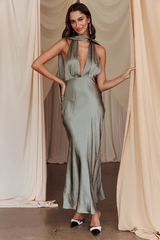 Weekend Promo Offers Italia Azure Halterneck Maxi Dress Khaki