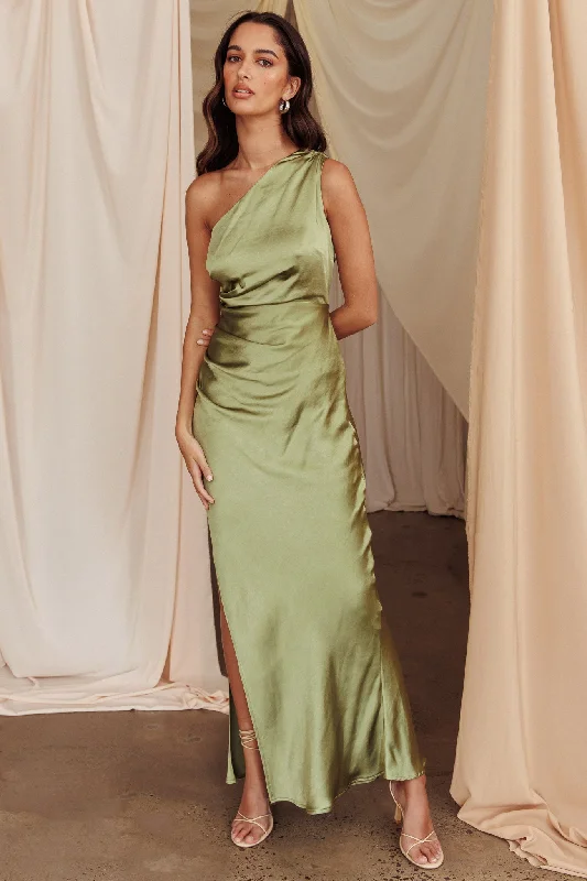 Weekend Deal Rush Kamillia One-Shoulder Split Maxi Dress Olive