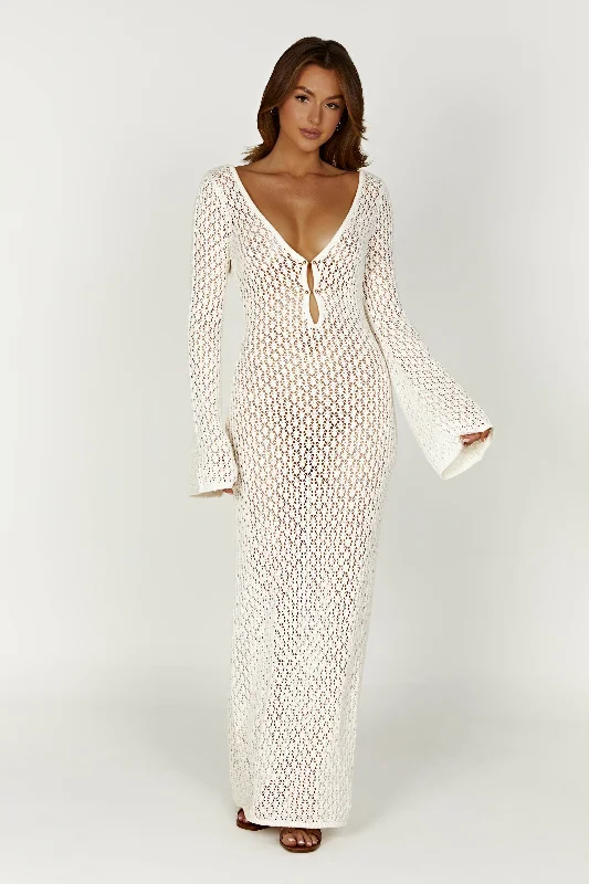 Weekend Steals Await Kayleigh Crochet Fishtail Flare Sleeve Maxi Dress - White