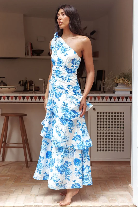 Price Slash Event Kenny One Shoulder Tiered Maxi Dress Blue