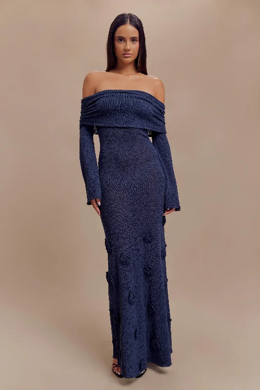Exclusive Offer Kiki Off Shoulder Knit Rose Maxi Dress - Navy