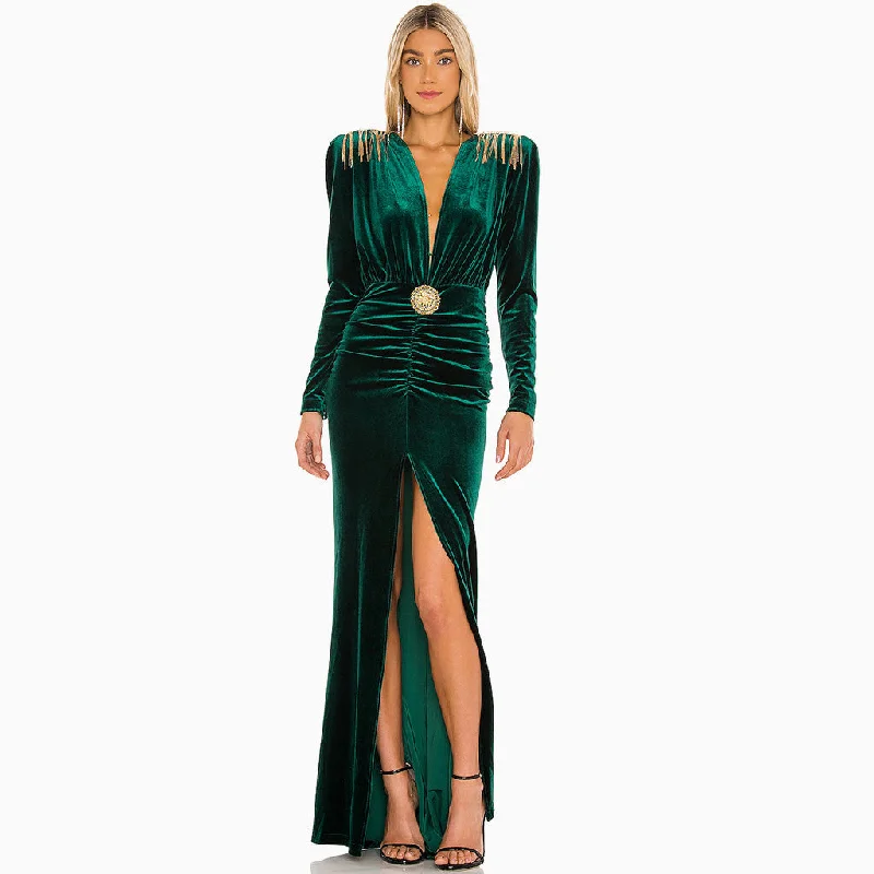 Final Clearance Luxury Velvet Fringe Deep V High Slit Maxi Evening Dress - Emerald Green