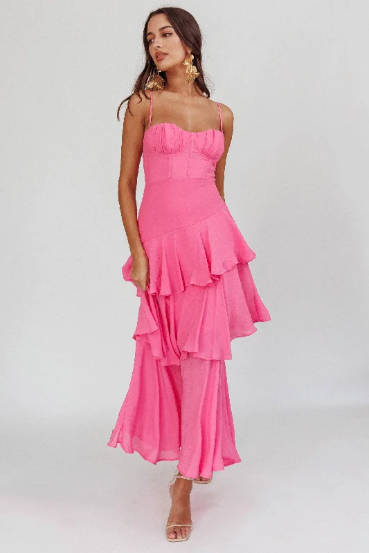 Weekend Deal Rush Madrid Summer Tiered Ruffle Maxi Dress Pink