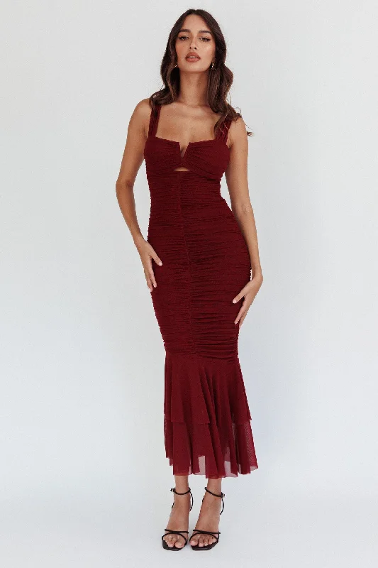 Weekend Hot Picks Nadia Ruched Fishtail Maxi Dress Dark Mauve