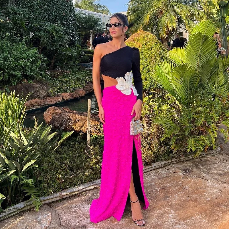 Weekend Steals Opulent Pearl Flower One Shoulder Cut Out Waist Thigh Split Maxi Evening Dress