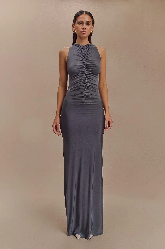 Exclusive Flash Sale Priya Slinky Ruched Halter Maxi Dress - Dark Charcoal