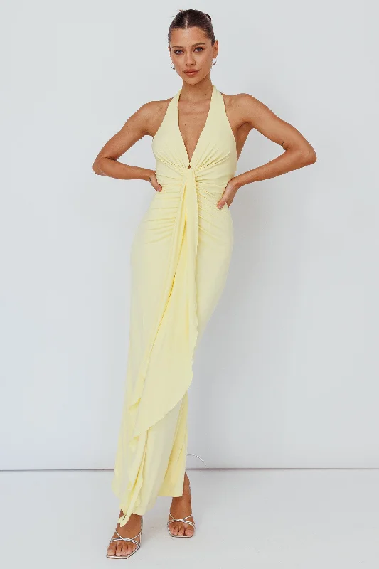 Weekend Shopping Fiesta Ray Of Light Ruched Halterneck Maxi Dress Lemon
