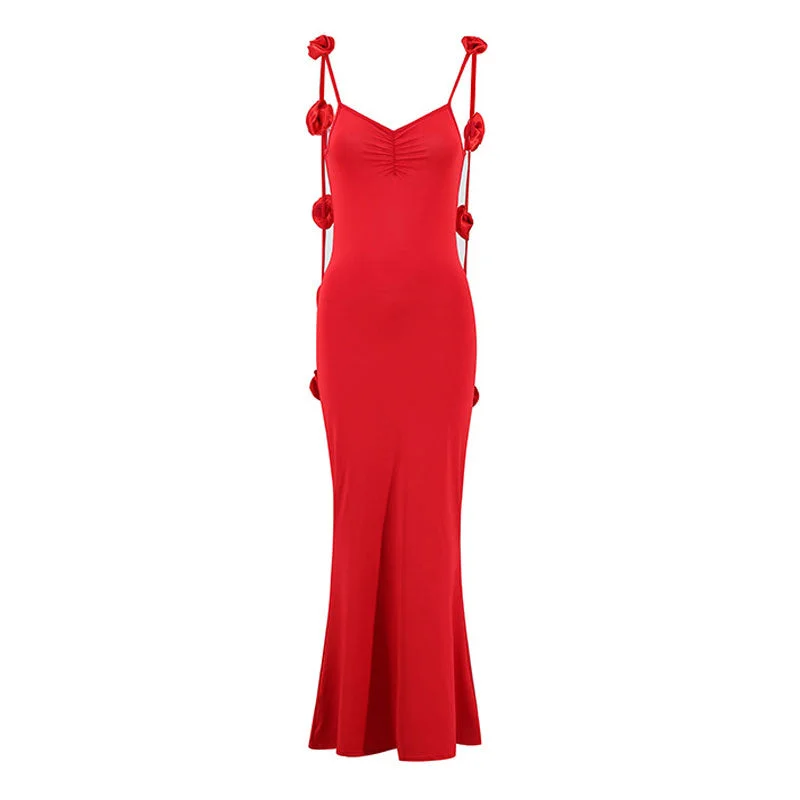 Exclusive Deals Romantic Rosette Corsage Backless Fishtail Jersey Maxi Slip Evening Dress