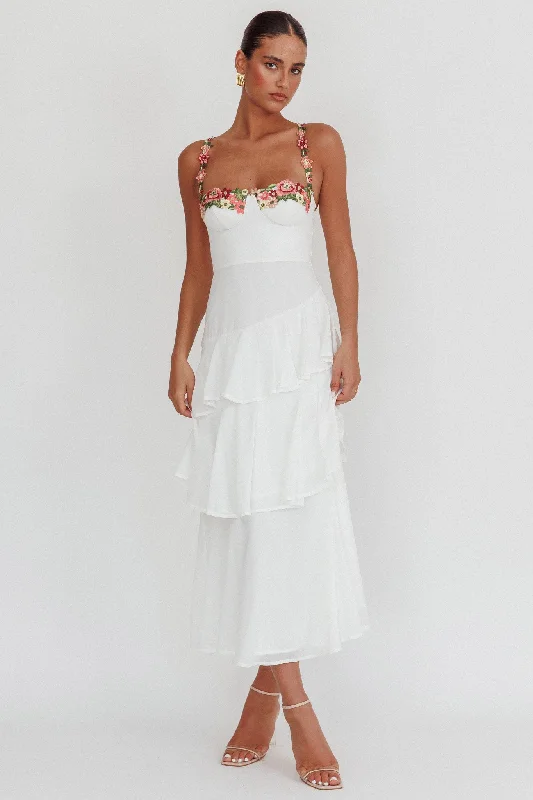 Weekend Bargain Weekends Rose Garden Tiered Ruffle Floral Trim Maxi Dress White