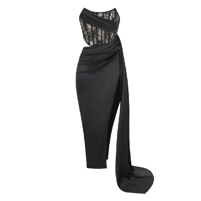 Weekend Bargain Time Sexy Floral Lace Panel Pleated Corset Draped High Split Maxi Evening Dress Weekend Bargain Time Sexy Floral Lace Panel Pleated Corset Draped High Split Maxi Evening Dress