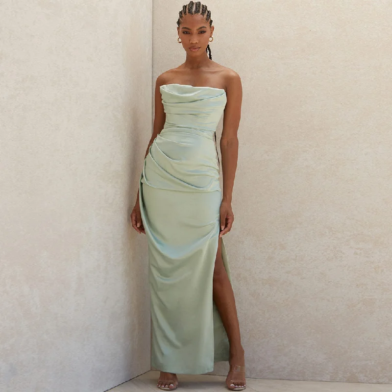 Hurry, While Stocks Last Silky Satin High Slit Ruched Strapless Party Maxi Dress - Sage Green
