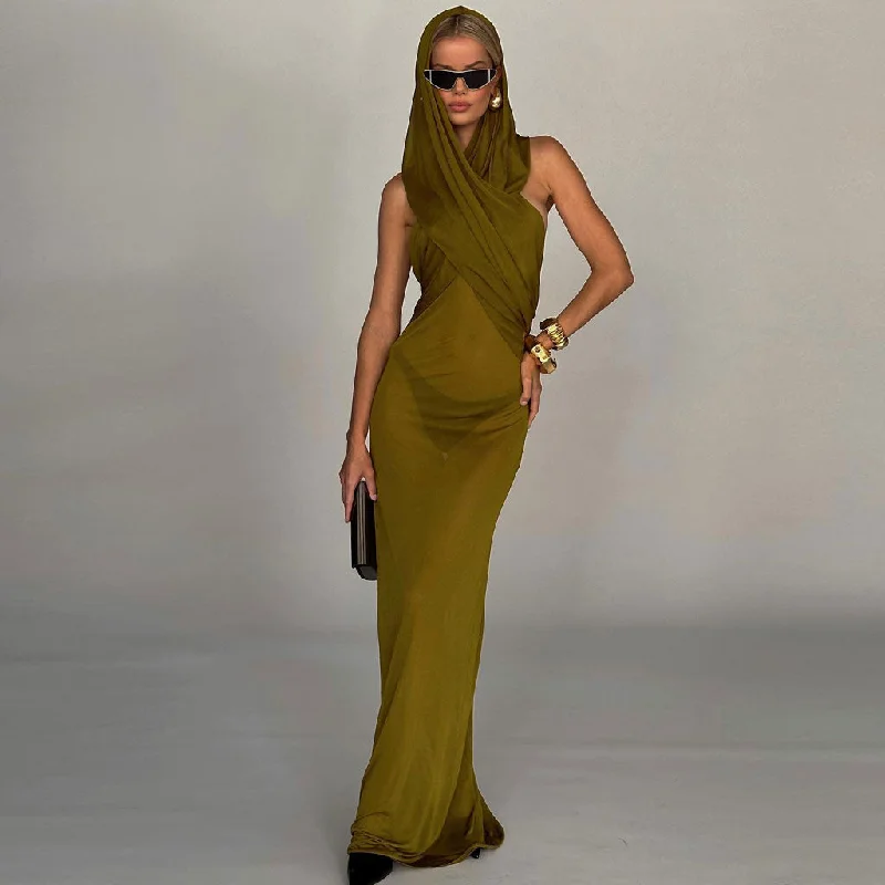 Weekend Deals You’ve Been Waiting For Slouchy Hooded Cross Over Open Back Sleeveless Maxi Sheer Mesh Dress