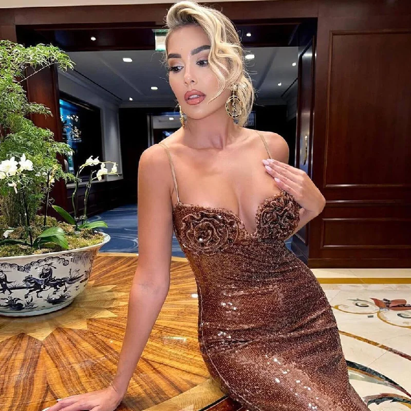 Exclusive Weekly Sale Sparkly Rose Petal Deep V Sequin Evening Maxi Dress