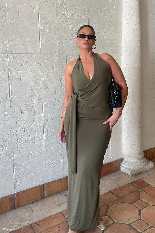 Weekend Markdowns Galore Tyla Draped Slinky Halter Maxi Dress - Dark Olive