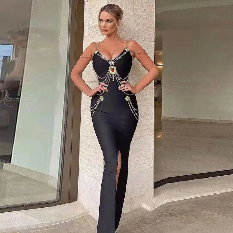 Weekend Clearance Event Vintage Gold Chain Strappy Deep V Evening Maxi Dress - Black Weekend Clearance Event Vintage Gold Chain Strappy Deep V Evening Maxi Dress - Black