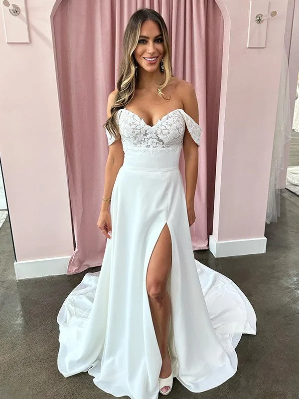 Weekend Deals Galore A-line/Princess Chamaeus Silk Applique Off the Shoulder Sleeveless Palace Tail Wedding Dress Weekend Deals Galore A-line/Princess Chamaeus Silk Applique Off the Shoulder Sleeveless Palace Tail Wedding Dress