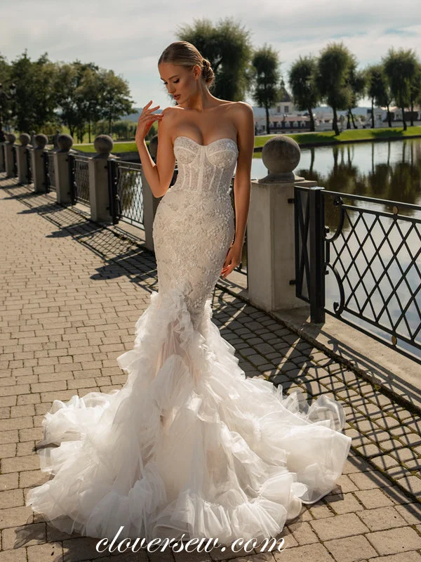 Weekend Super Savings Dark Ivory Beading Lace Ruffles Mermaid Strapless Wedding Dresses, CW0355 Weekend Super Savings Dark Ivory Beading Lace Ruffles Mermaid Strapless Wedding Dresses, CW0355