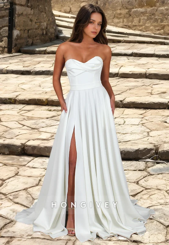 Deal of the Week Sexy Satin A-Line Sweetheart Strapless Sleeveless With Side Slit Train Wedding Dress Deal of the Week Sexy Satin A-Line Sweetheart Strapless Sleeveless With Side Slit Train Wedding Dress