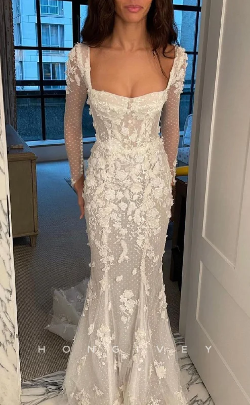 Weekend Bargain Time H1176 - Sexy Fitted Illusion Square Long Sleeve Appliques With Train Boho/Beach Wedding Dress Weekend Bargain Time H1176 - Sexy Fitted Illusion Square Long Sleeve Appliques With Train Boho/Beach Wedding Dress