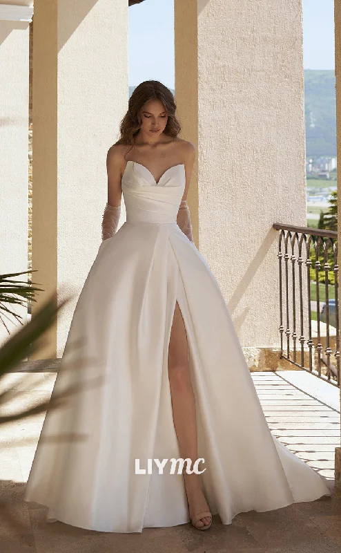 Weekend Only Savings LW155 - A Line Strapless Pleated Satin Side Slit Long Wedding Dress With Gloves Weekend Only Savings LW155 - A Line Strapless Pleated Satin Side Slit Long Wedding Dress With Gloves