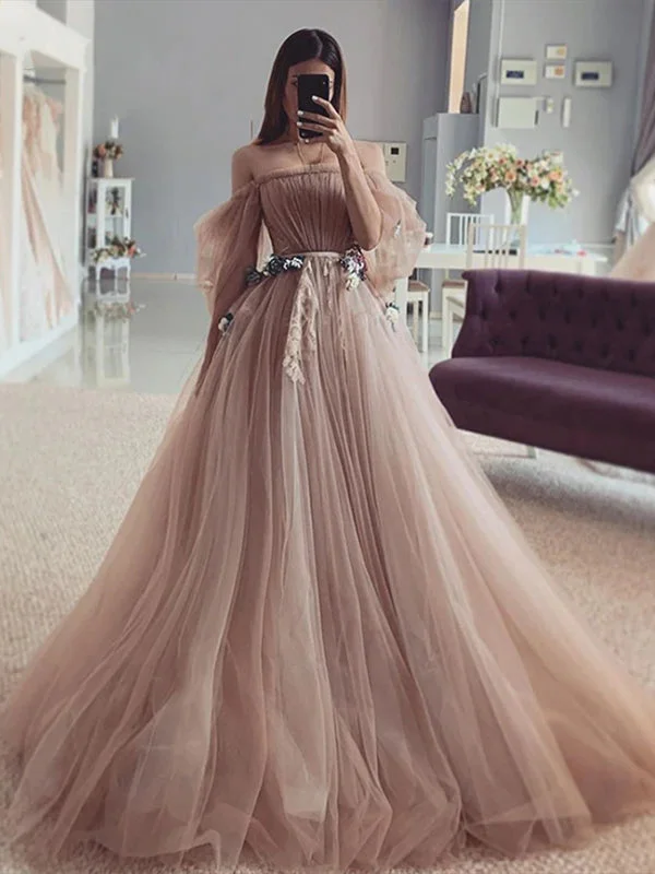 Only for You Off Shoulder Dark Nude Tulle Wedding Dresses, Country Wedding Dresses, 2021 Wedding Dresses, Bridal Gown