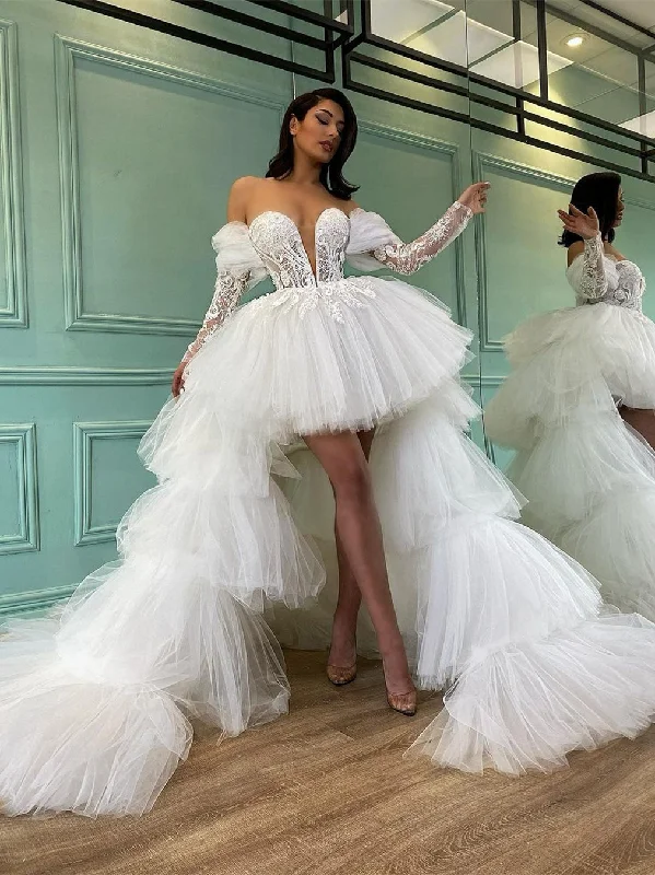 Weekend Clearance Frenzy Off Shoulder Lace Tulle Wedding Dresses, Hi-low Wedding Dresses, Detachable Tulle Wedding Gown, Bridal Gown, Wedding Dresses Weekend Clearance Frenzy Off Shoulder Lace Tulle Wedding Dresses, Hi-low Wedding Dresses, Detachable Tulle Wedding Gown, Bridal Gown, Wedding Dresses