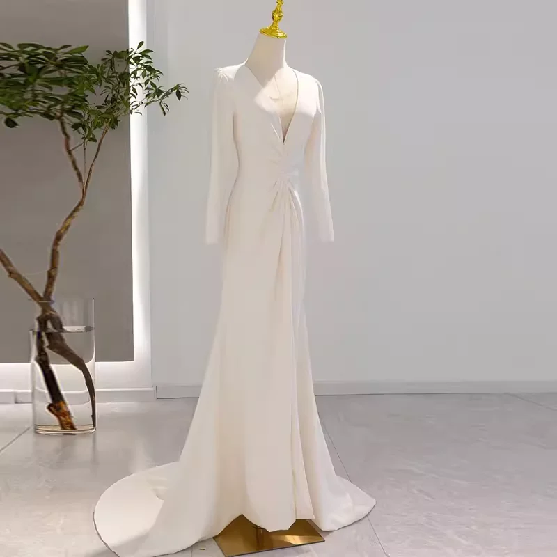 Massive Sale Event Sexy Mermaid Long Sleeves V Neckline Satin White Long Wedding Dresses Brides Dress SD0081 Massive Sale Event Sexy Mermaid Long Sleeves V Neckline Satin White Long Wedding Dresses Brides Dress SD0081