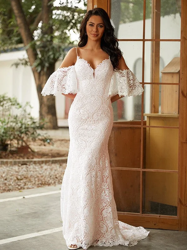 Weekend Hot Offers Sheath/Column Lace V-neck Short Sleeves Sweep/Brush Train Wedding Dresses Weekend Hot Offers Sheath/Column Lace V-neck Short Sleeves Sweep/Brush Train Wedding Dresses